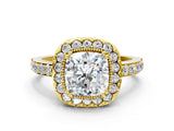 Yellow gold Cushion Cut Diamond Halo Ring with Pavé Band and Prong Setting_7