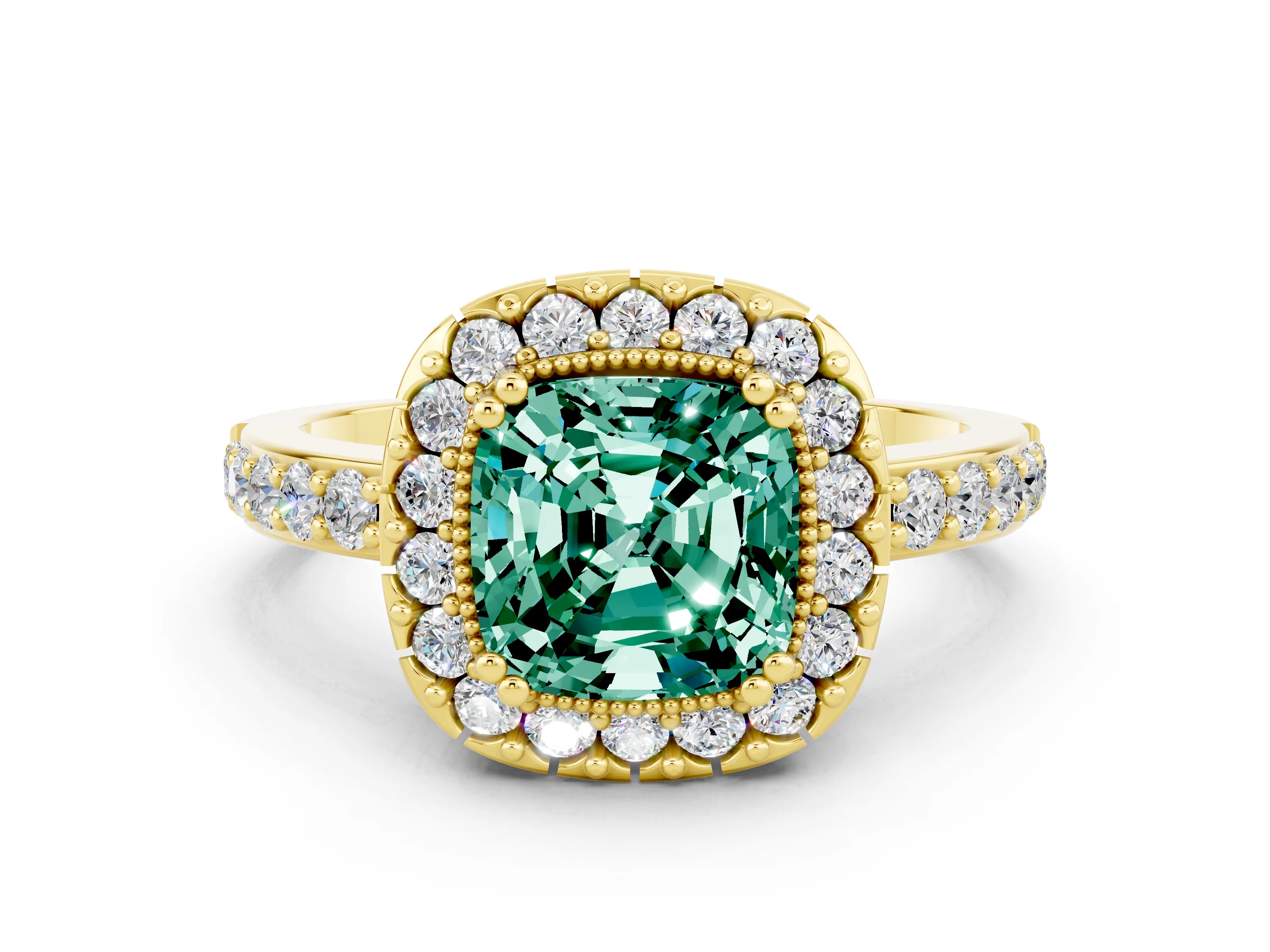 Yellow gold Cushion Cut Diamond Halo Ring with Pavé Band and Prong Setting