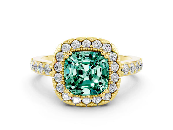 Yellow gold Cushion Cut Green Sapphire Halo Ring with Pavé Band and Prong Setting