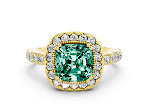 Yellow gold Cushion Cut Diamond Halo Ring with Pavé Band and Prong Setting