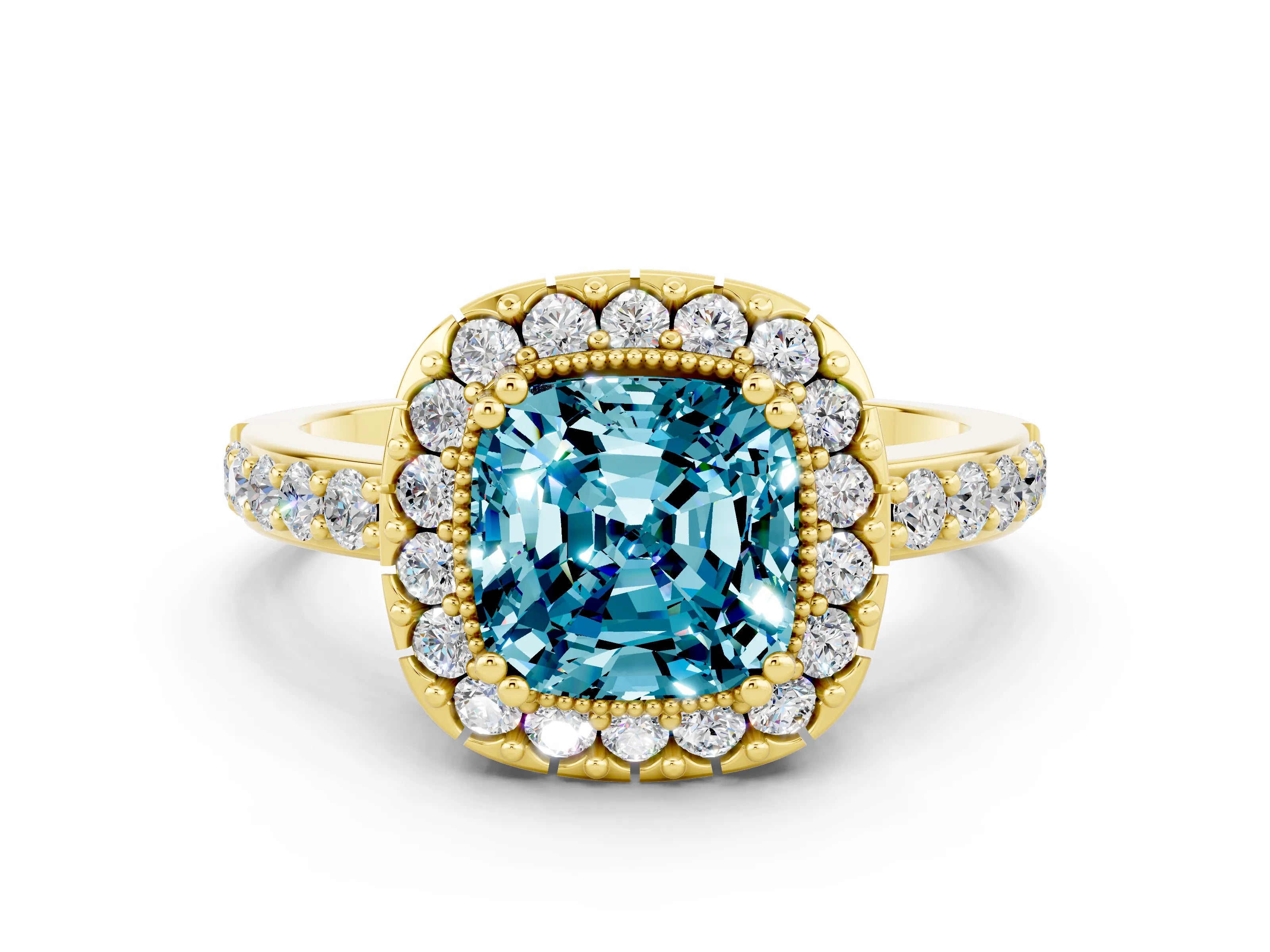 Yellow gold Cushion Cut Diamond Halo Ring with Pavé Band and Prong Setting