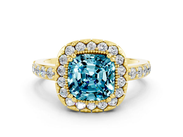 Yellow gold Cushion Cut Blue Topaz Halo Ring with Pavé Band and Prong Setting