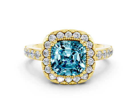 Yellow gold Cushion Cut Diamond Halo Ring with Pavé Band and Prong Setting