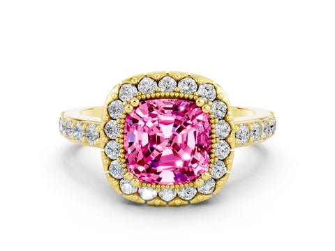 Yellow gold Cushion Cut Diamond Halo Ring with Pavé Band and Prong Setting