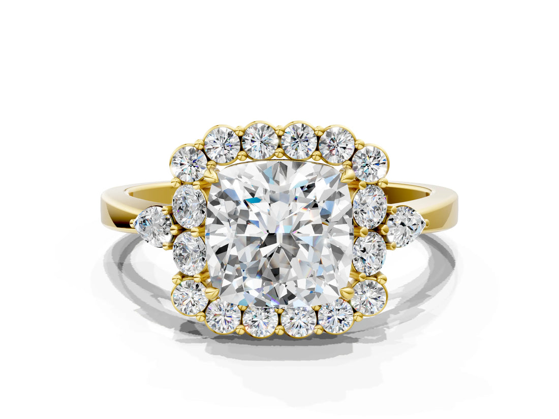 Yellow gold Cushion Cut Diamond Halo Ring with Pear Side Stones and Prong Setting_55