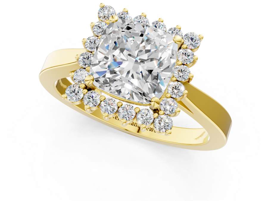Yellow gold Cushion Cut Diamond Halo Ring with Round Brilliant Halo and Solitaire Band