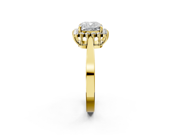 Yellow gold Cushion Cut Diamond Halo Ring with Round Brilliant Halo and Solitaire Band