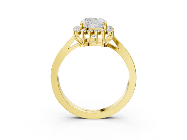 Yellow gold Cushion Cut Diamond Halo Ring with Round Brilliant Halo and Solitaire Band