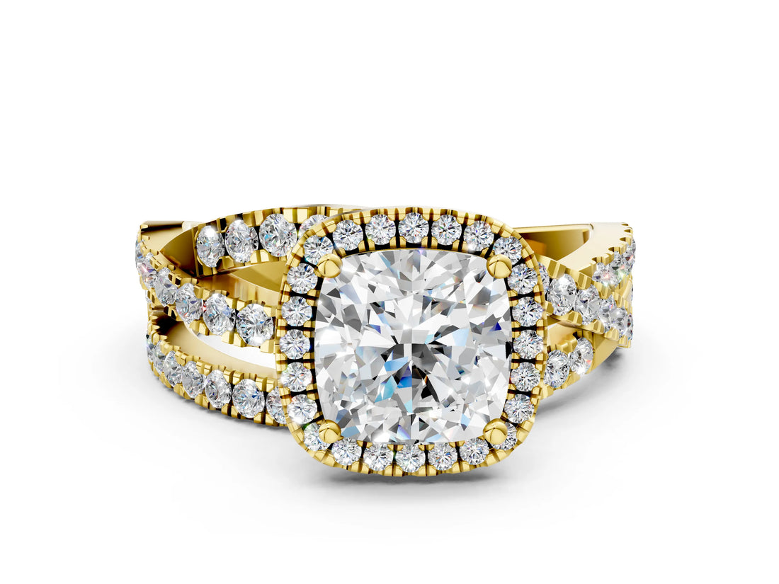 Yellow gold Cushion Cut Diamond Halo Ring with Round Split Shank and Prong Setting_36
