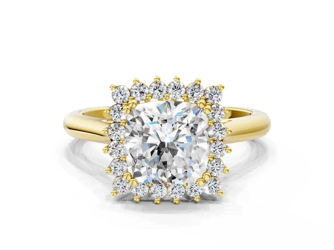 Yellow gold Cushion Cut Diamond Halo Ring with Solitaire Band and Prong Setting_67