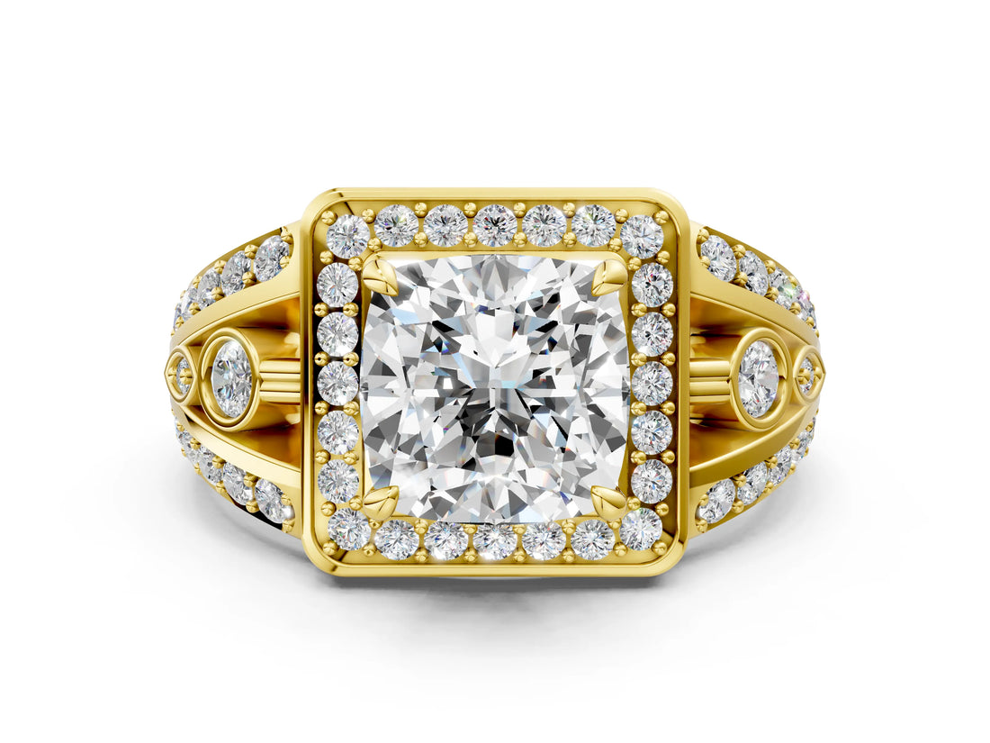 Yellow gold Cushion Cut Diamond Halo Ring with Split Shank and Bezel Accents and Four-Prong Setting_13