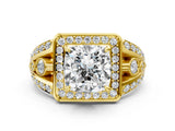 Yellow gold Cushion Cut Diamond Halo Ring with Split Shank and Bezel Accents and Four-Prong Setting_13