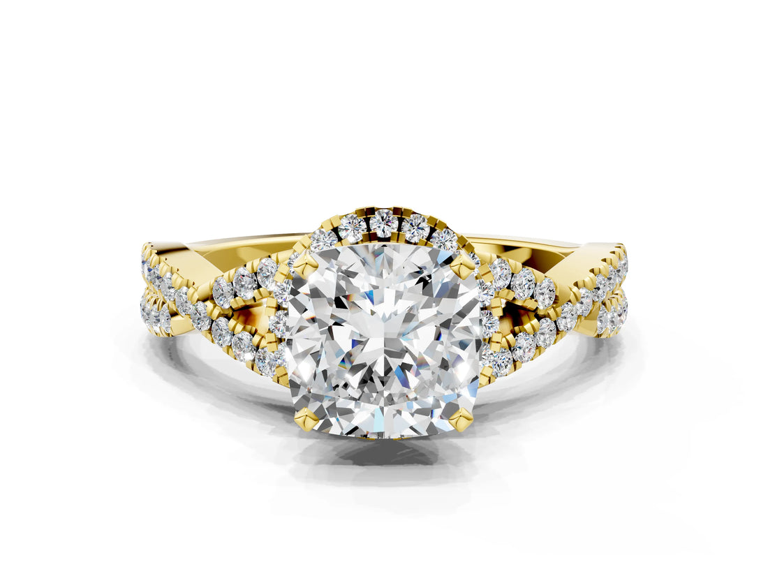 Yellow gold Cushion Cut Diamond  Halo Twist Band Solitaire Prong Setting Ring_136
