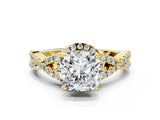 Yellow gold Cushion Cut Diamond  Halo Twist Band Solitaire Prong Setting Ring_136