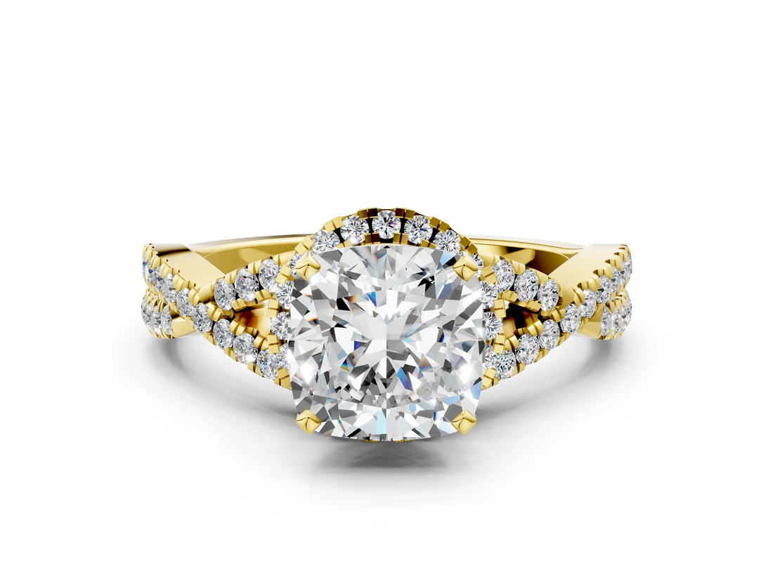Yellow gold Cushion Cut Diamond  Halo Twist Band Solitaire Prong Setting Ring_41