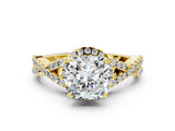 Yellow gold Cushion Cut Diamond  Halo Twist Band Solitaire Prong Setting Ring_41