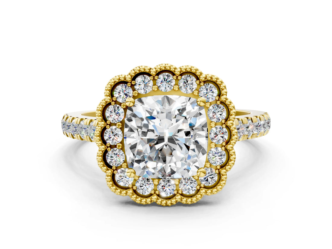 Yellow gold Cushion Cut Diamond Milgrain Floral Halo Engagement Ring with Pavé Band_21