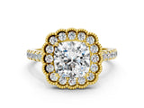 Yellow gold Cushion Cut Diamond Milgrain Floral Halo Engagement Ring with Pavé Band_21