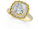 Yellow gold Cushion Cut Diamond Milgrain Floral Halo Engagement Ring with Pavé Band_22