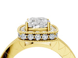 Yellow gold Cushion Cut Diamond Milgrain Halo Engagement Ring with Round Pavé Band and Prong Setting_16