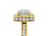 Yellow gold Cushion Cut Diamond Milgrain Halo Engagement Ring with Round Pavé Band and Prong Setting_17