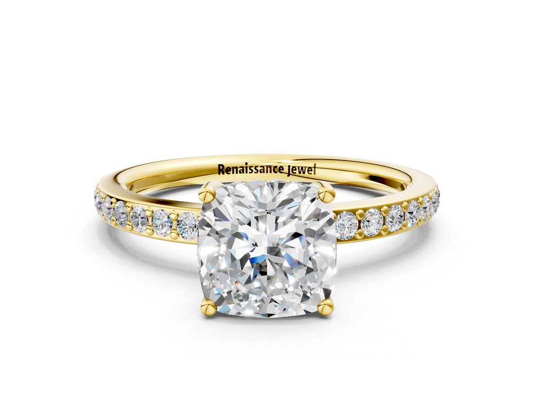 Yellow gold Cushion Cut Diamond Pavé Band Ring with Four-Prong Setting_52