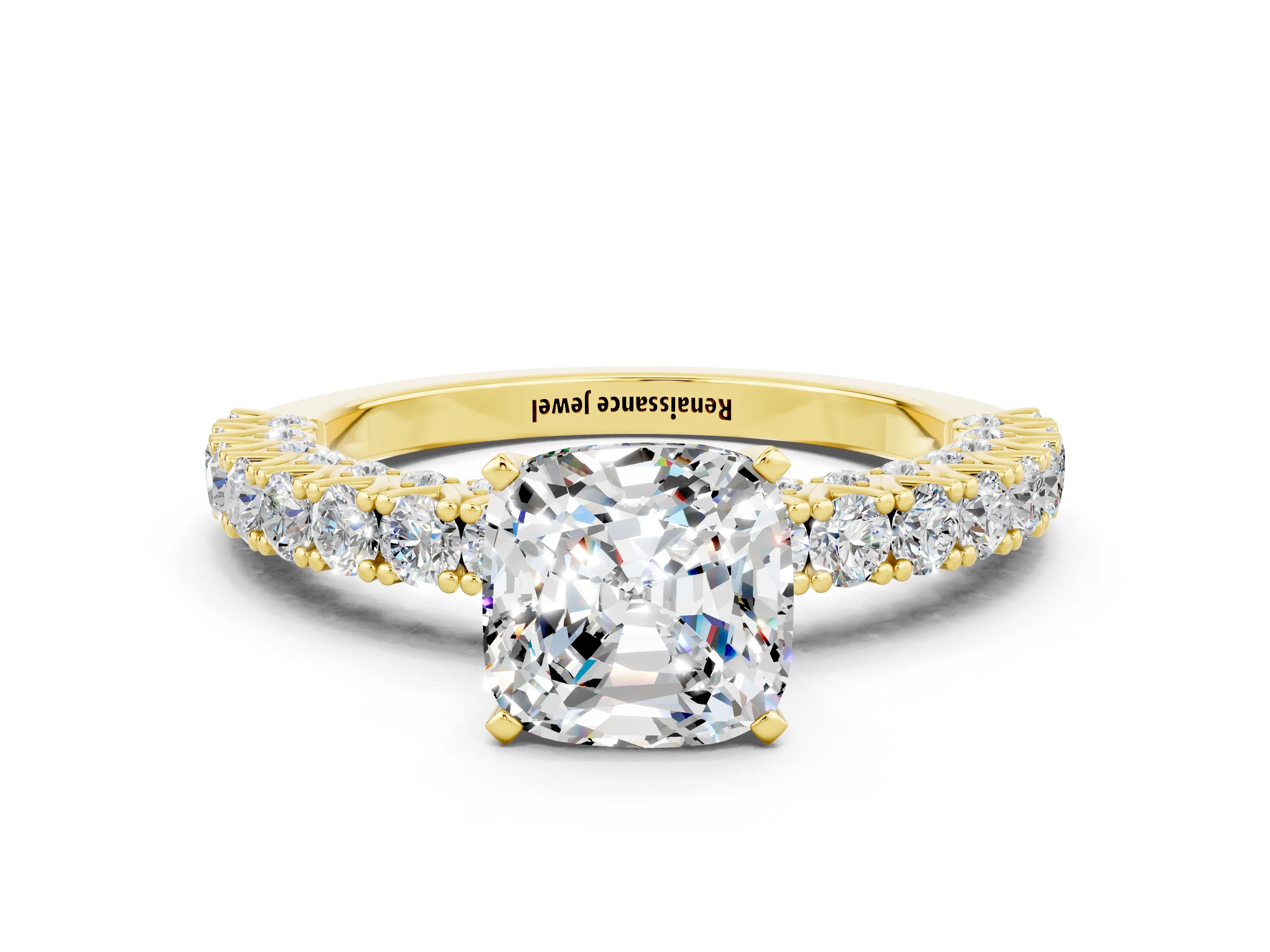 Yellow gold Cushion Cut Diamond Pavé Band Solitaire Ring with Prong Setting