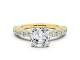 Yellow gold Cushion Cut Diamond Pavé Band Solitaire Ring with Prong Setting