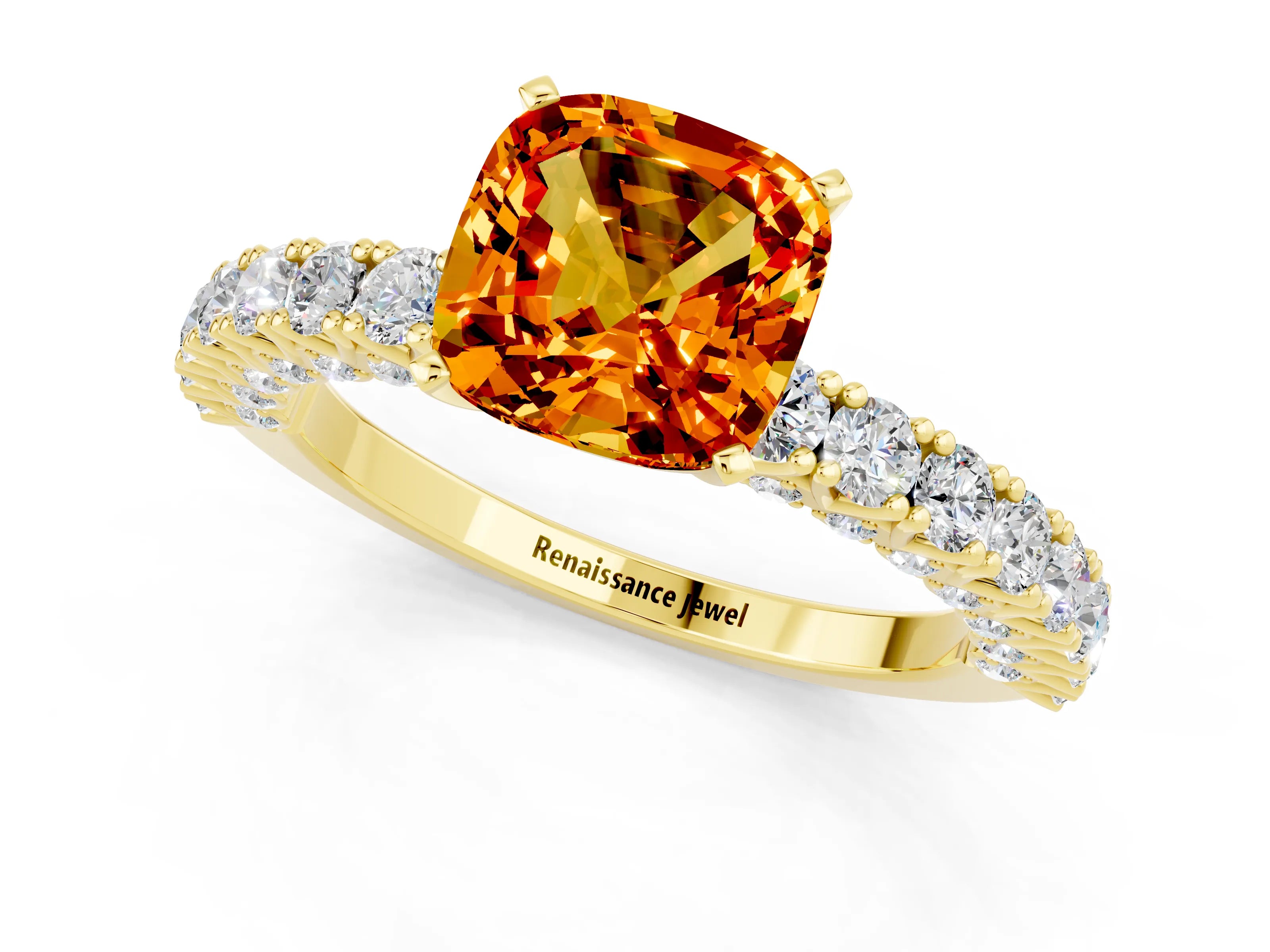 Yellow gold Cushion Cut Diamond Pavé Band Solitaire Ring with Prong Setting_1
