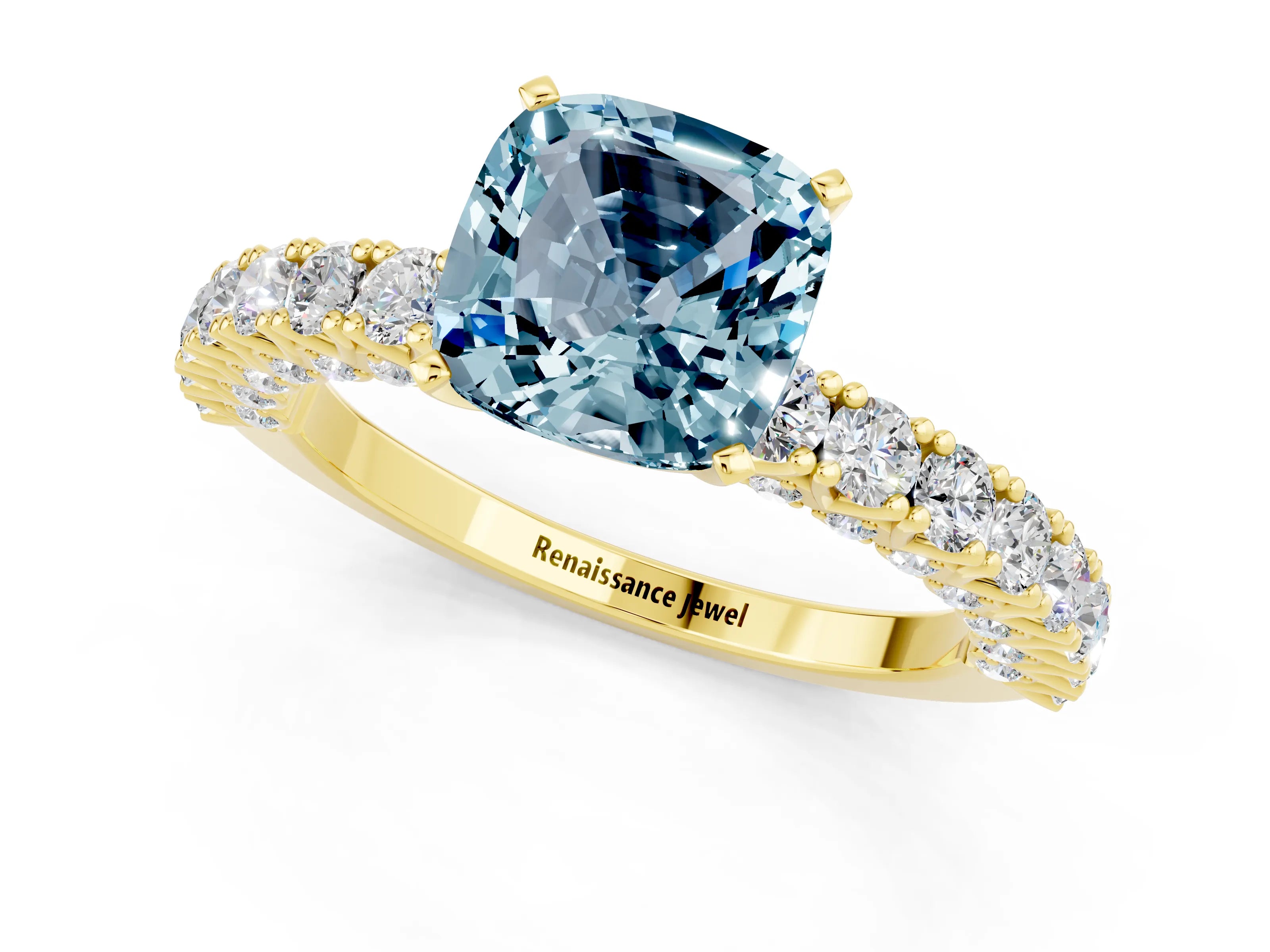 Yellow gold Cushion Cut Diamond Pavé Band Solitaire Ring with Prong Setting_1