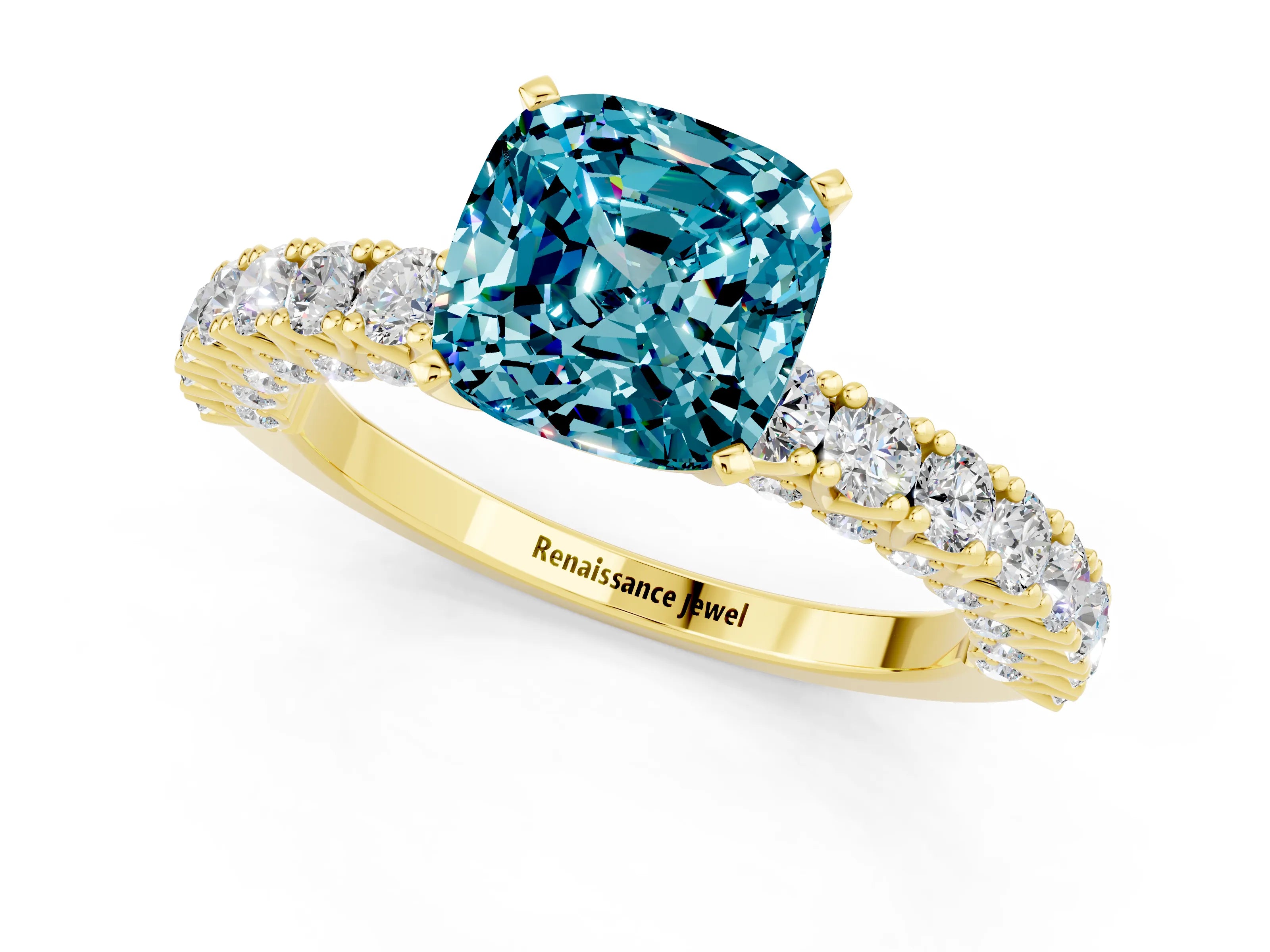 Yellow gold Cushion Cut Diamond Pavé Band Solitaire Ring with Prong Setting_1