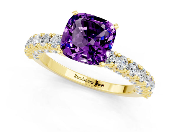 Yellow gold Cushion Cut Amethyst Solitaire Ring with Round Accent Pavé Band and Prong Setting