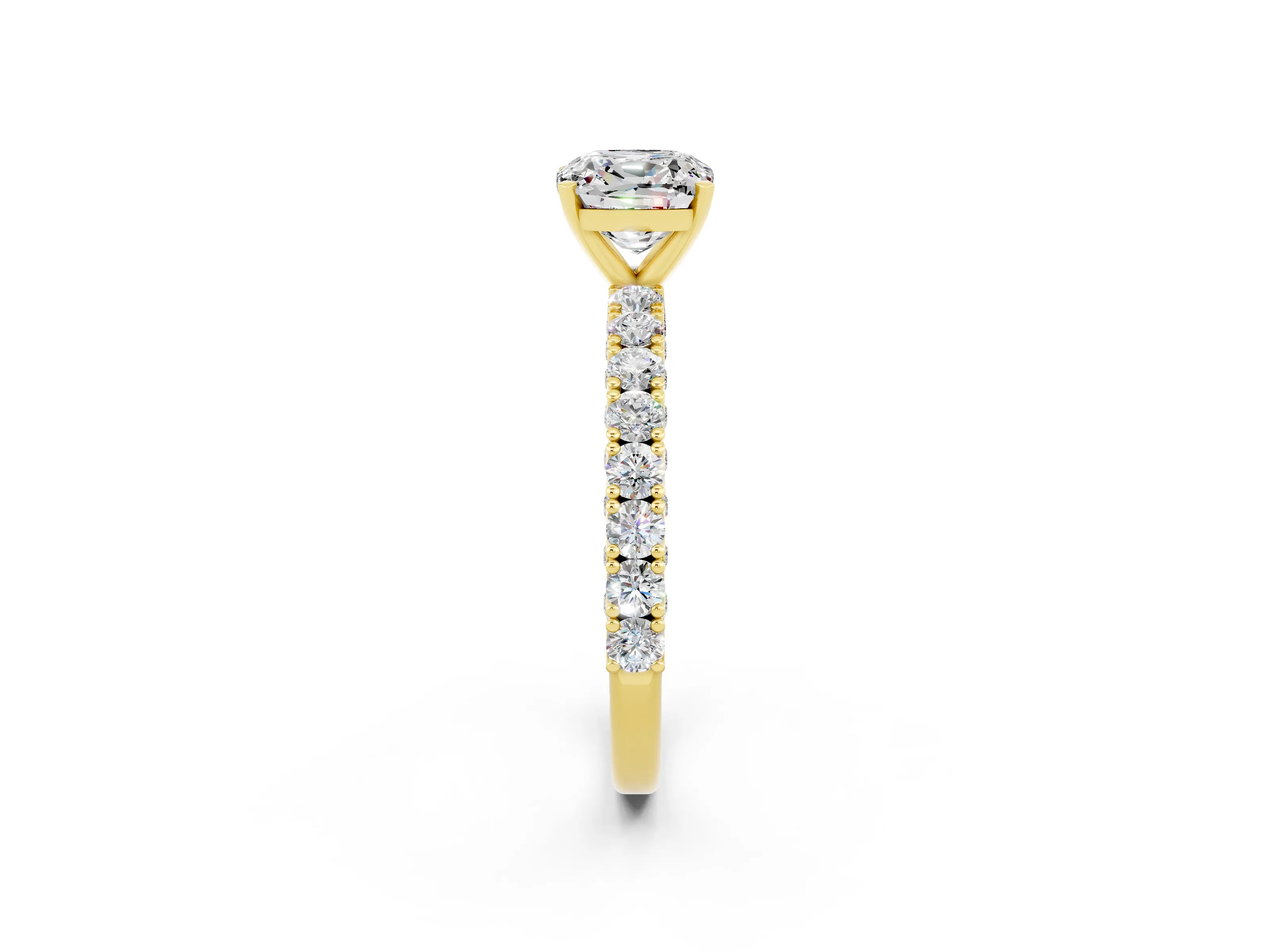 Yellow gold Cushion Cut Diamond Pavé Band Solitaire Ring with Prong Setting_2