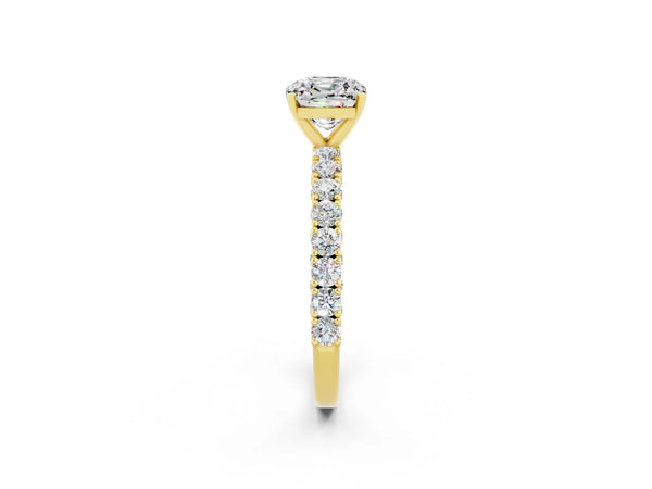Yellow gold Cushion Cut Diamond Pavé Band Solitaire Ring with Prong Setting