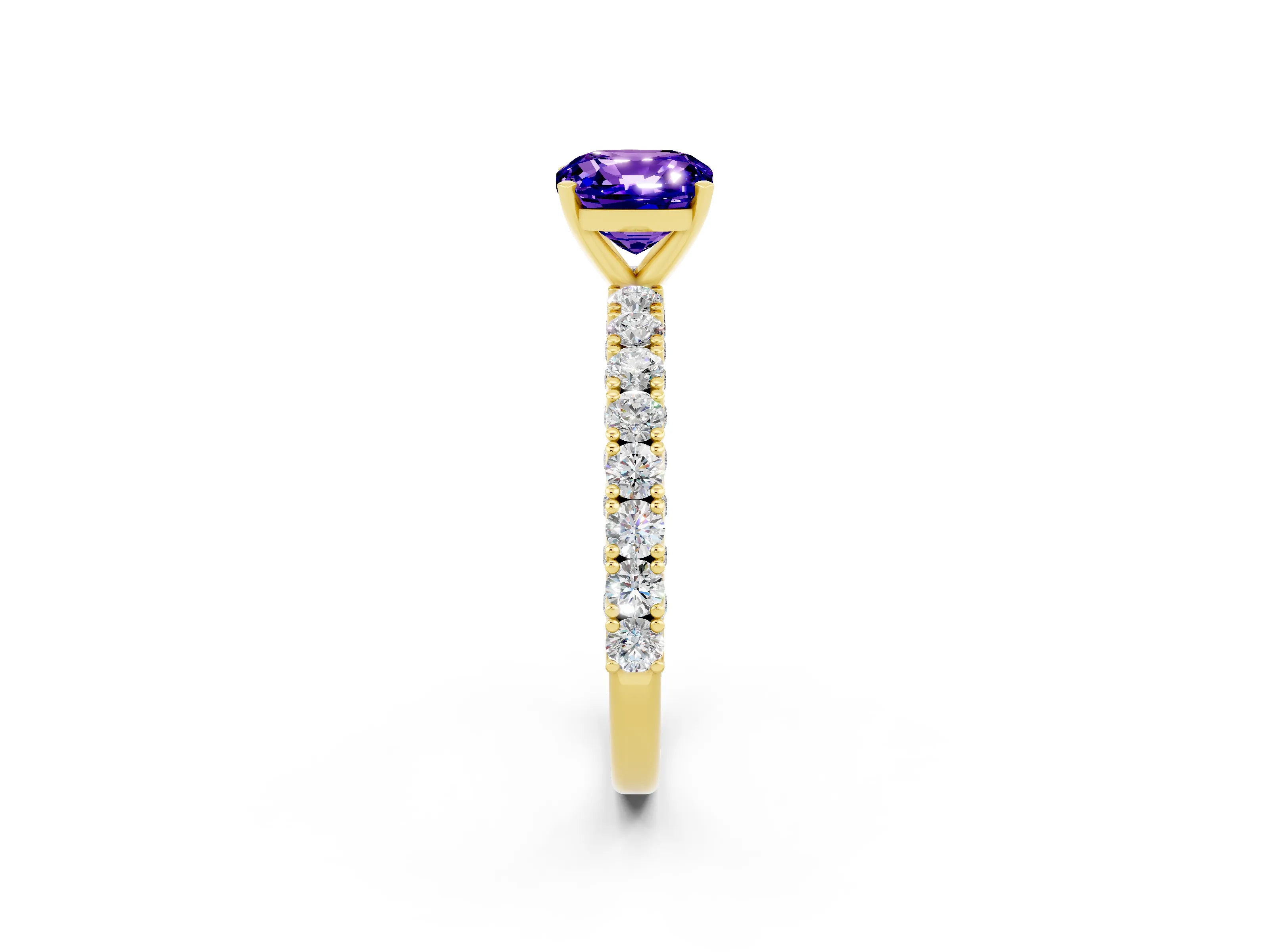 Yellow gold Cushion Cut Diamond Pavé Band Solitaire Ring with Prong Setting_2