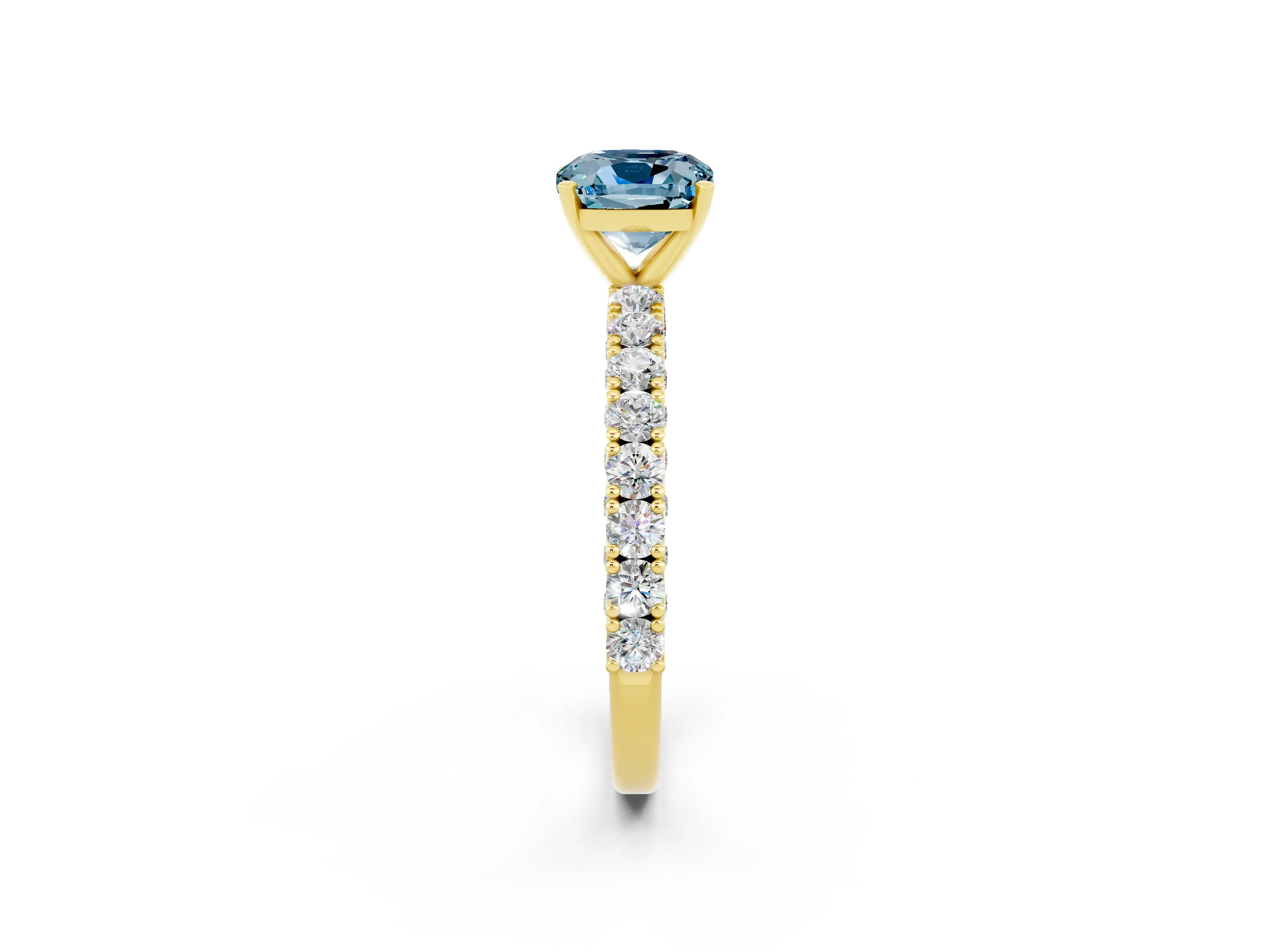 Yellow gold Cushion Cut Diamond Pavé Band Solitaire Ring with Prong Setting_2