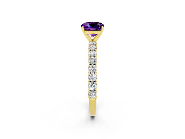 Yellow gold Cushion Cut Amethyst Solitaire Ring with Round Accent Pavé Band and Prong Setting