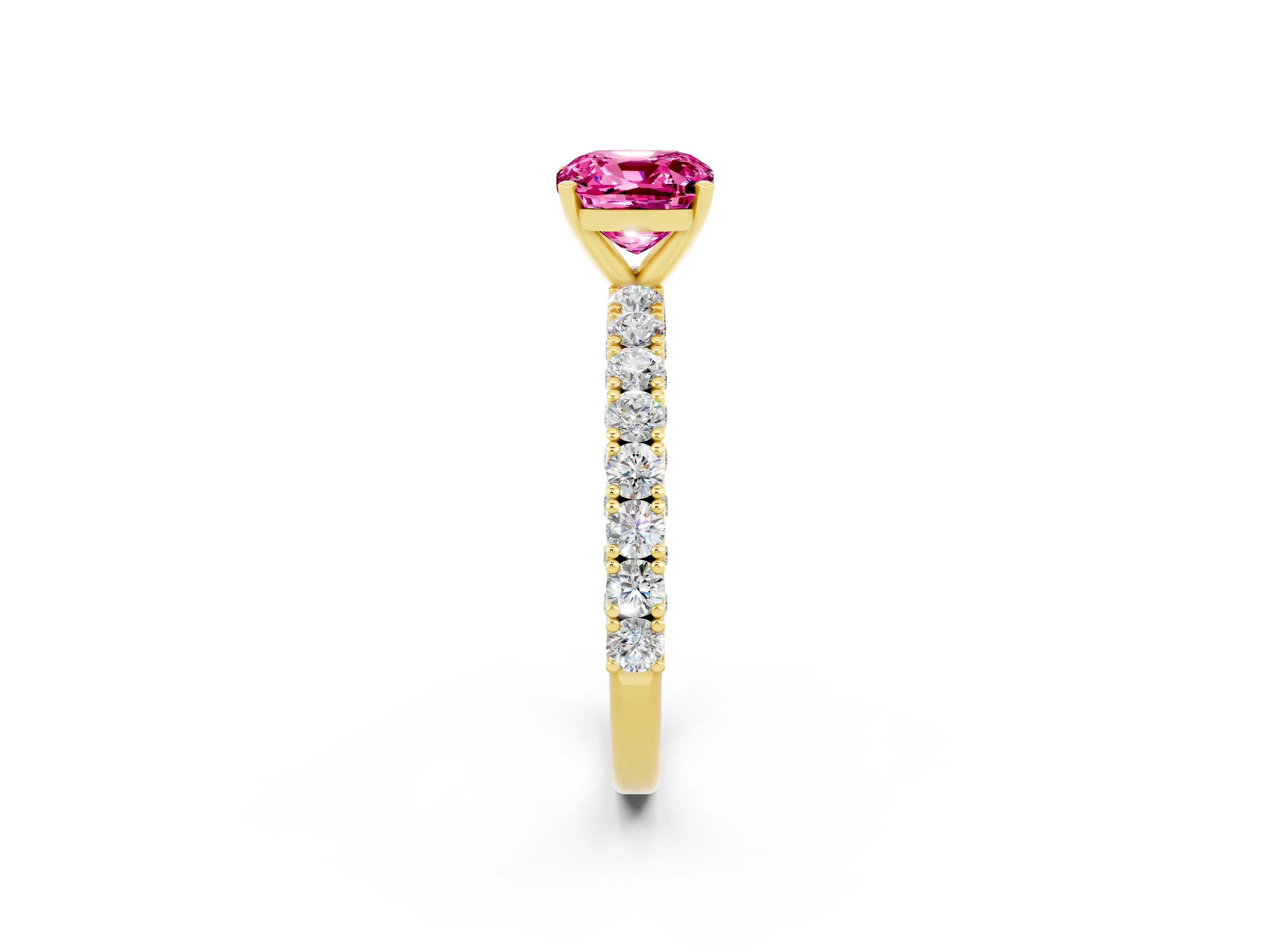 Yellow gold Cushion Cut Diamond Pavé Band Solitaire Ring with Prong Setting_2
