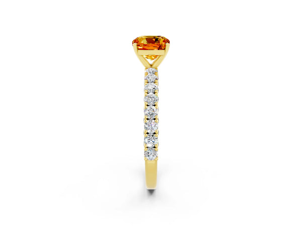 Yellow gold Cushion Cut Diamond Pavé Band Solitaire Ring with Prong Setting