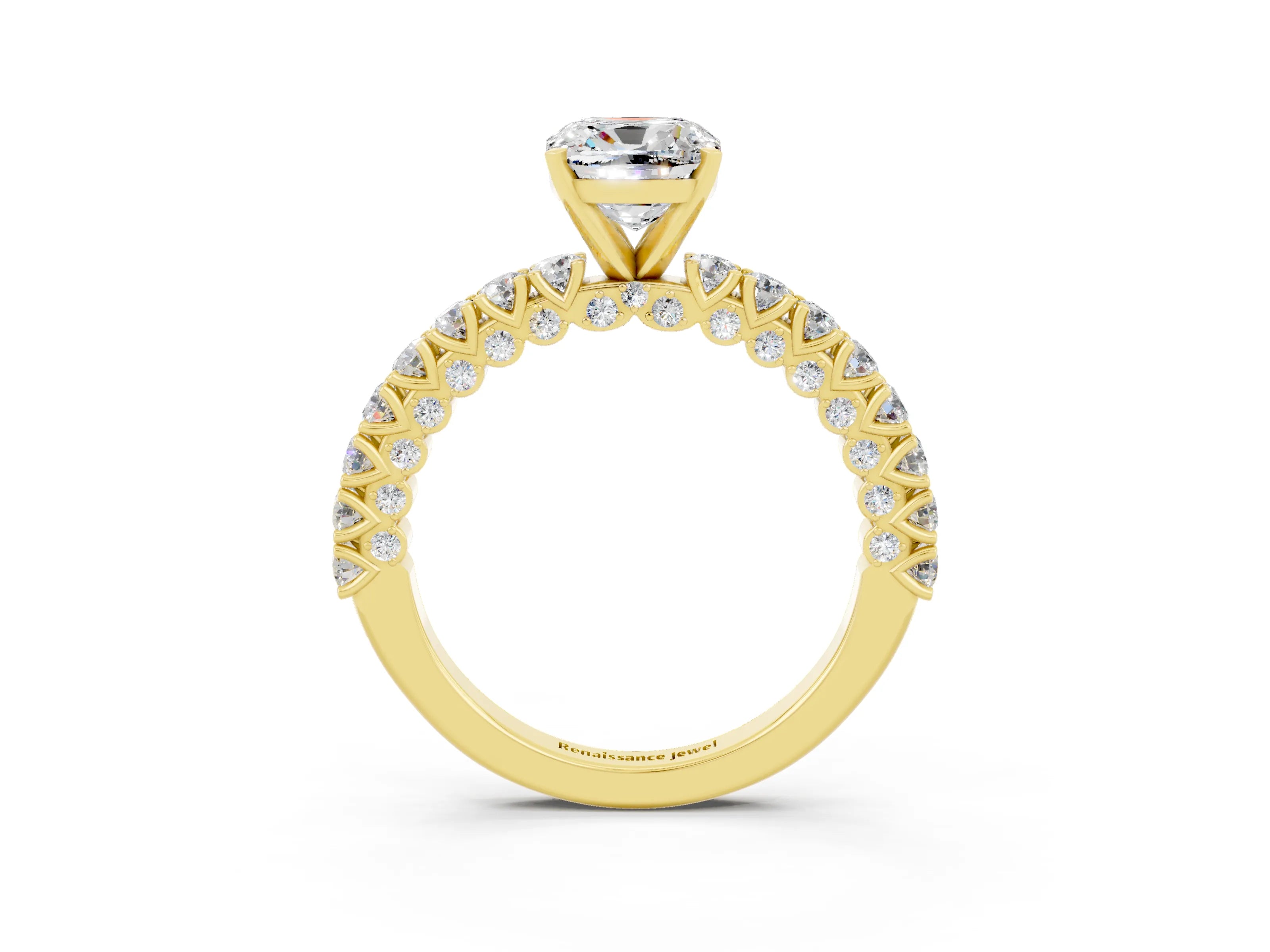 Yellow gold Cushion Cut Diamond Pavé Band Solitaire Ring with Prong Setting_3