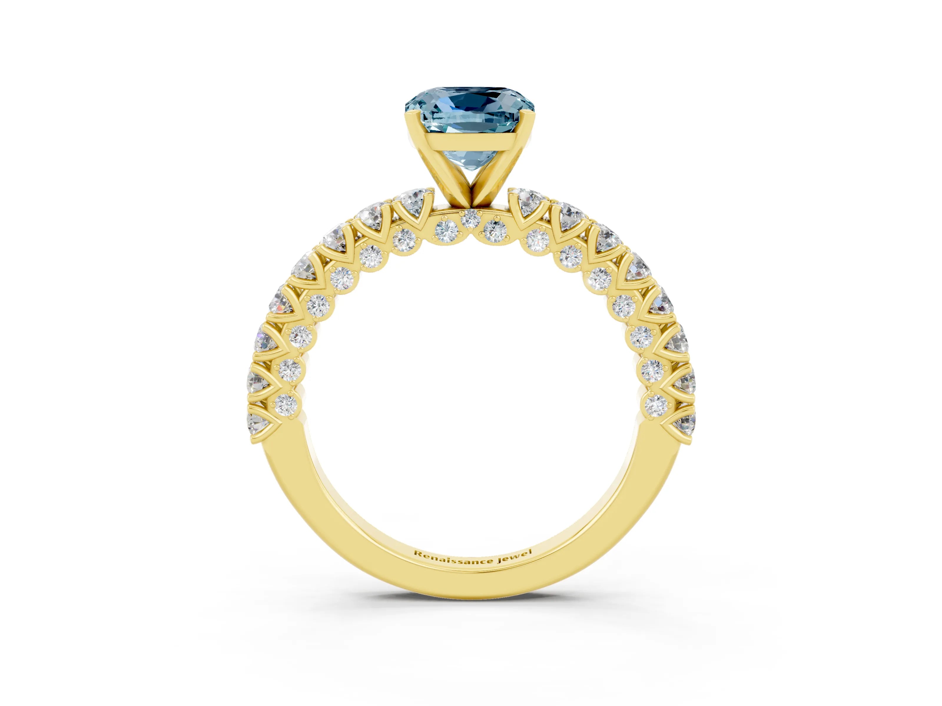 Yellow gold Cushion Cut Diamond Pavé Band Solitaire Ring with Prong Setting_3