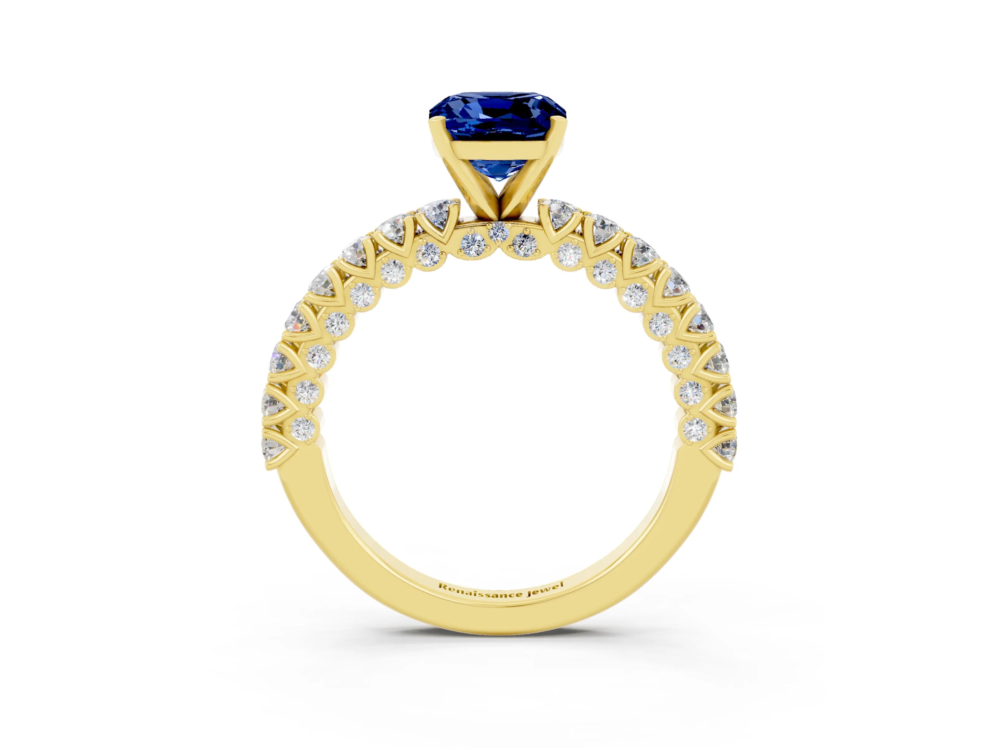 Yellow gold Cushion Cut Diamond Pavé Band Solitaire Ring with Prong Setting_3