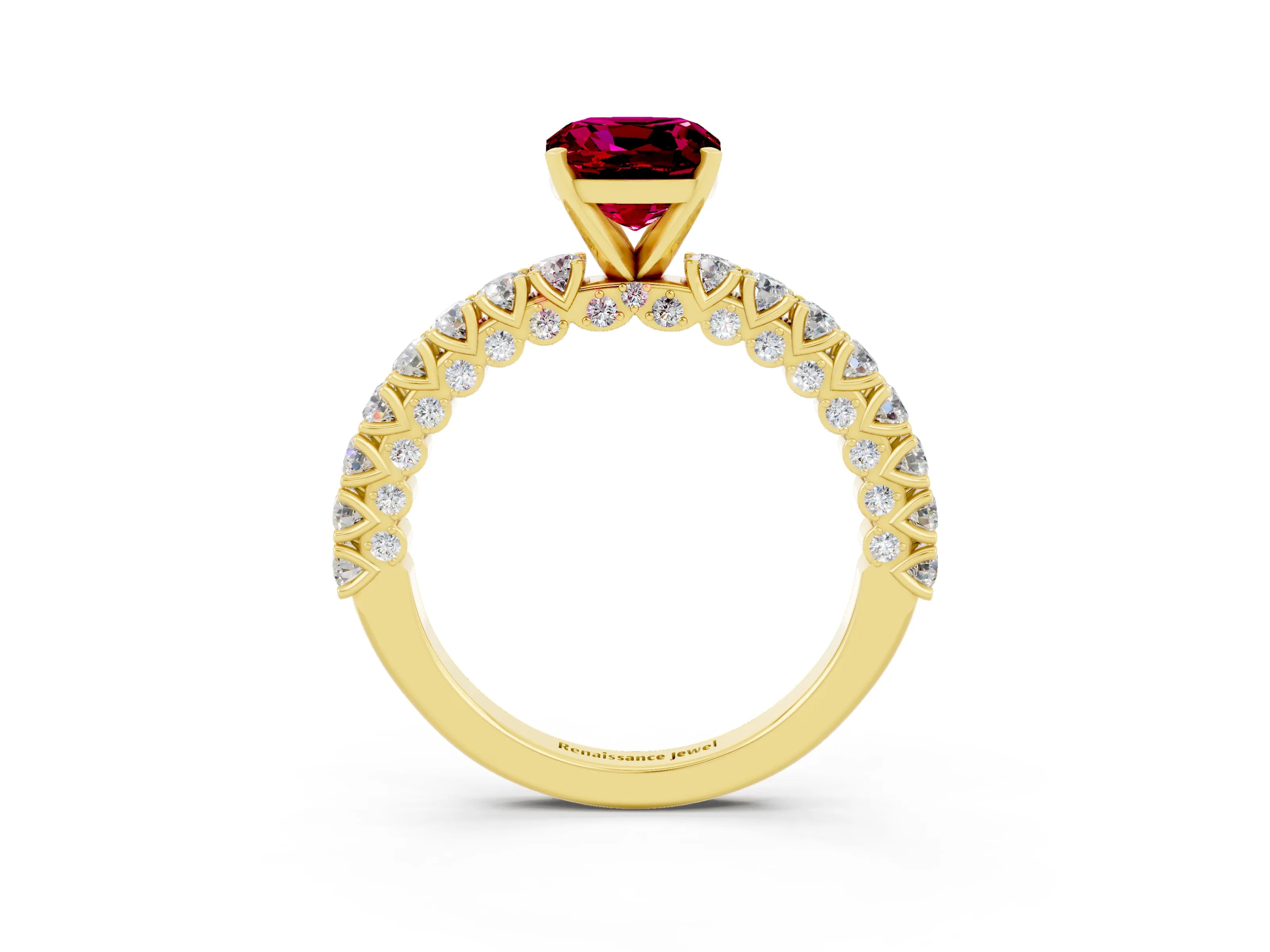 Yellow gold Cushion Cut Diamond Pavé Band Solitaire Ring with Prong Setting_3
