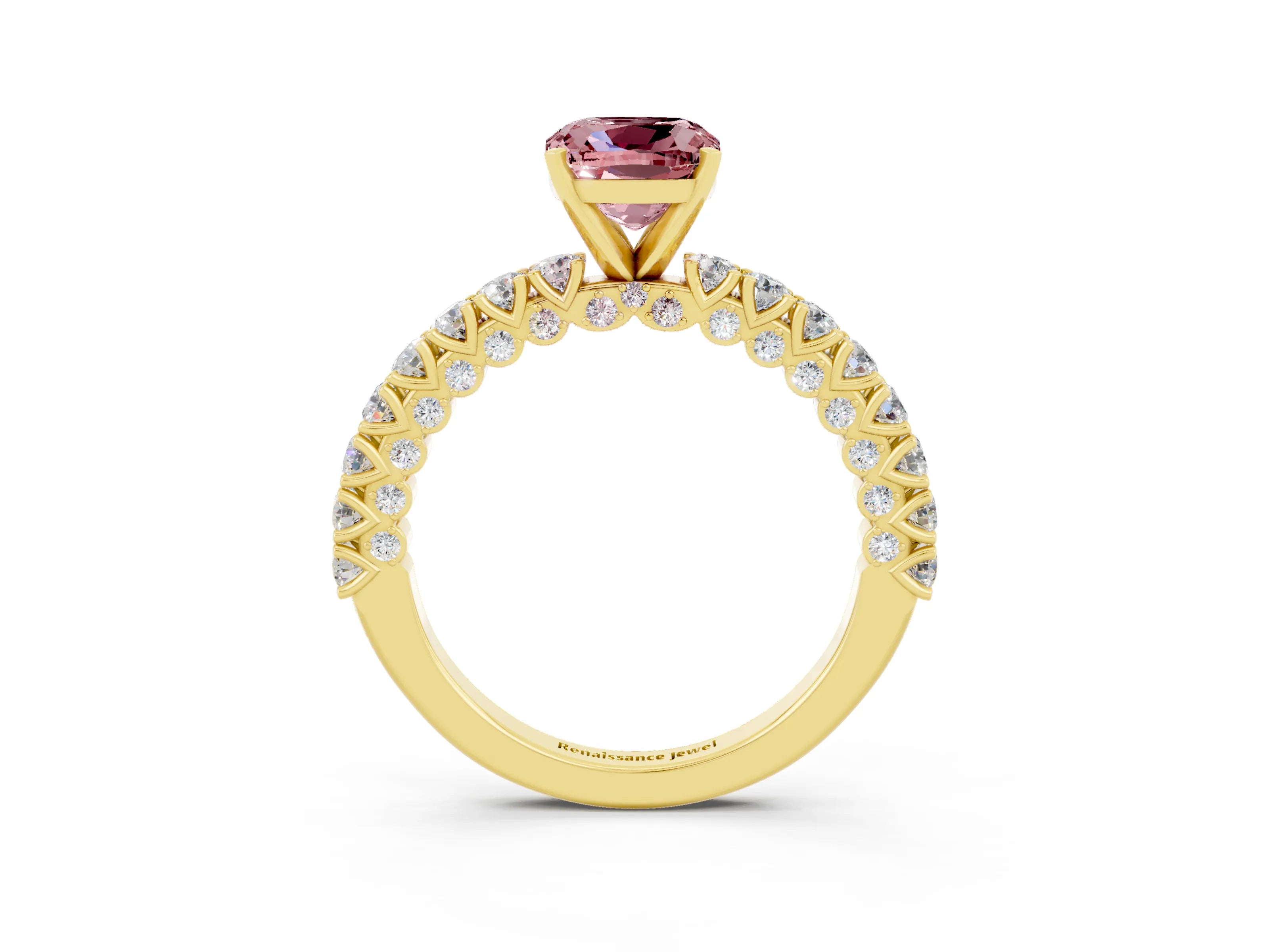 Yellow gold Cushion Cut Diamond Pavé Band Solitaire Ring with Prong Setting_3