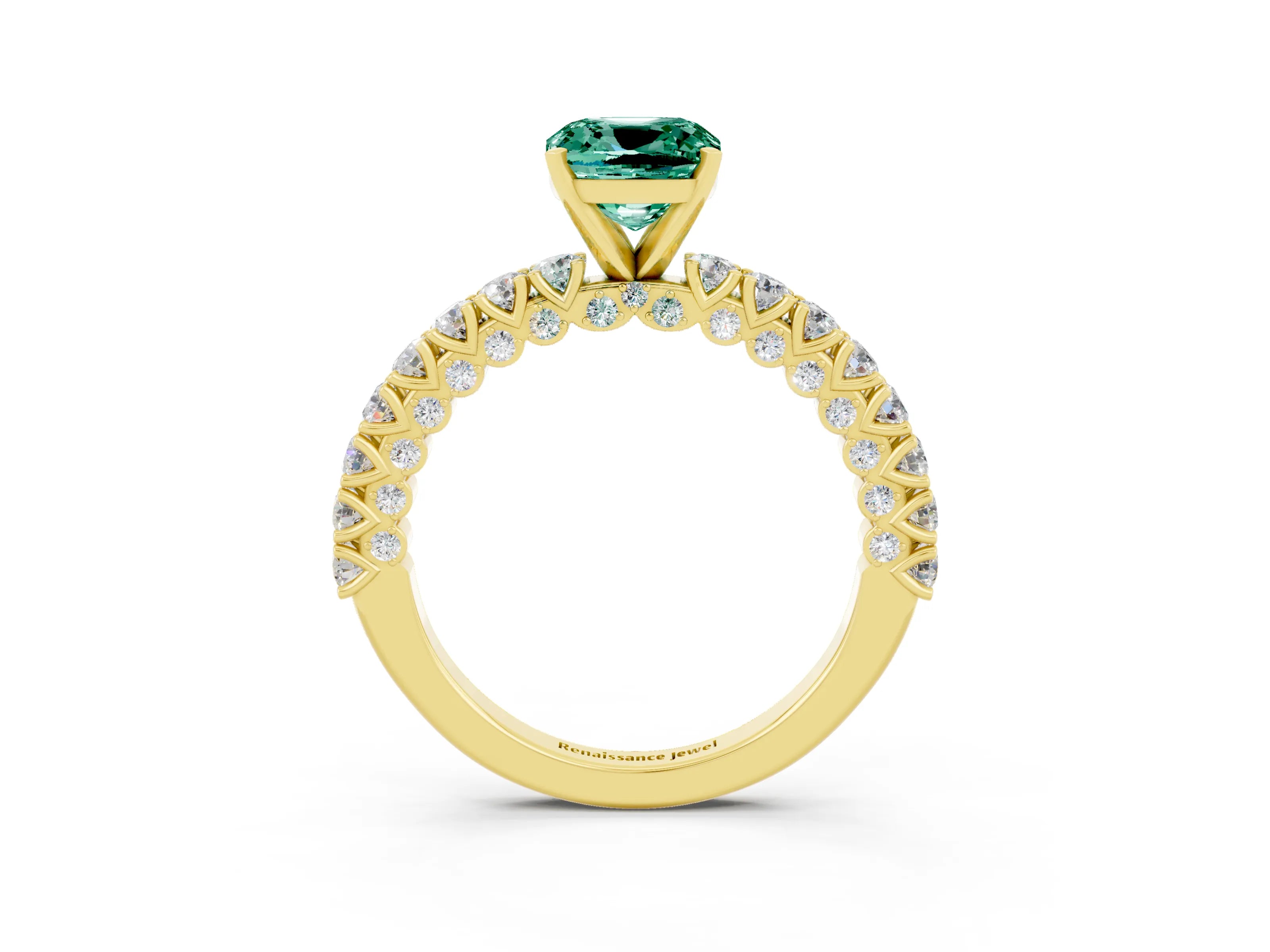 Yellow gold Cushion Cut Diamond Pavé Band Solitaire Ring with Prong Setting_3