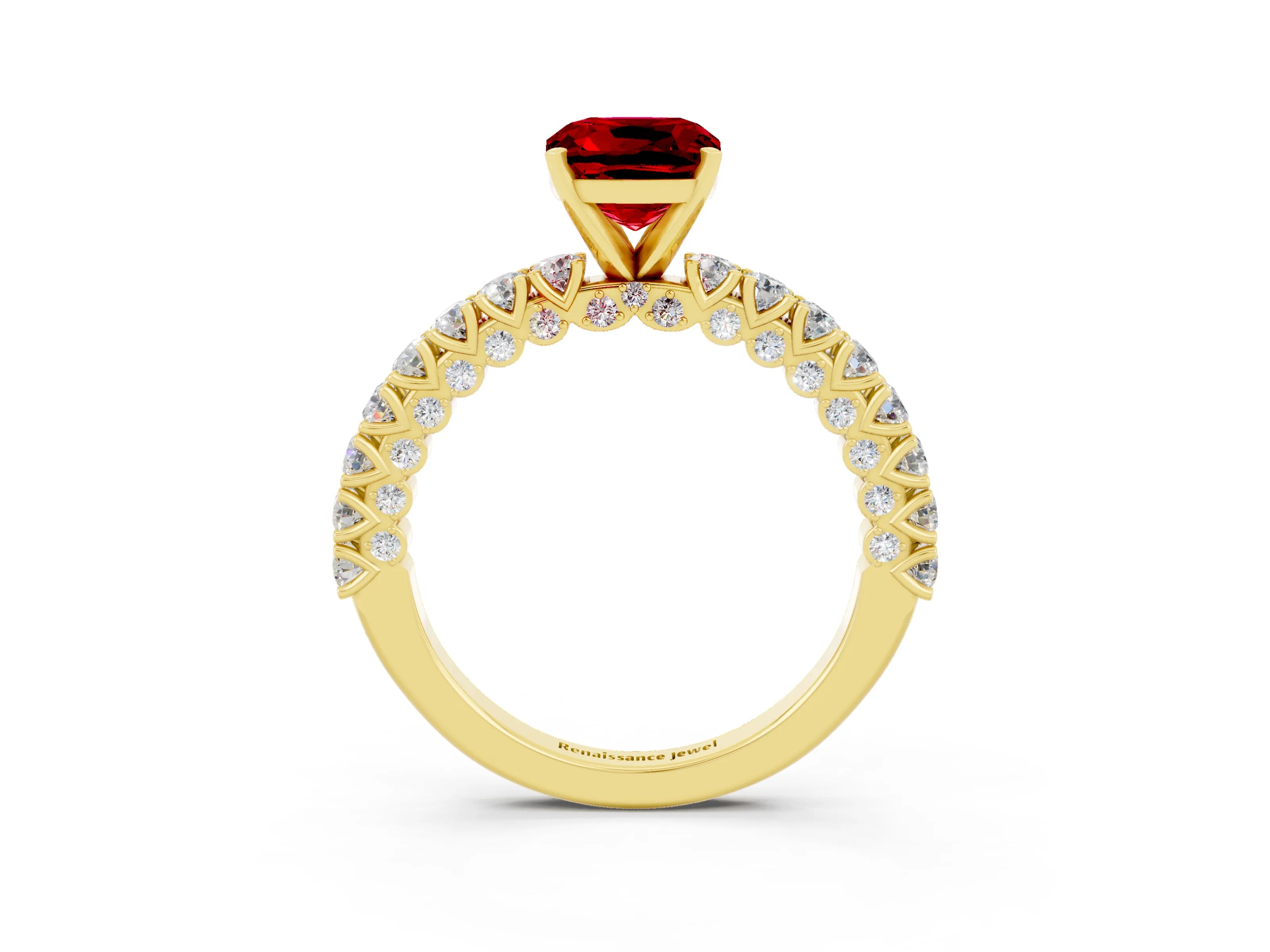 Yellow gold Cushion Cut Diamond Pavé Band Solitaire Ring with Prong Setting_3