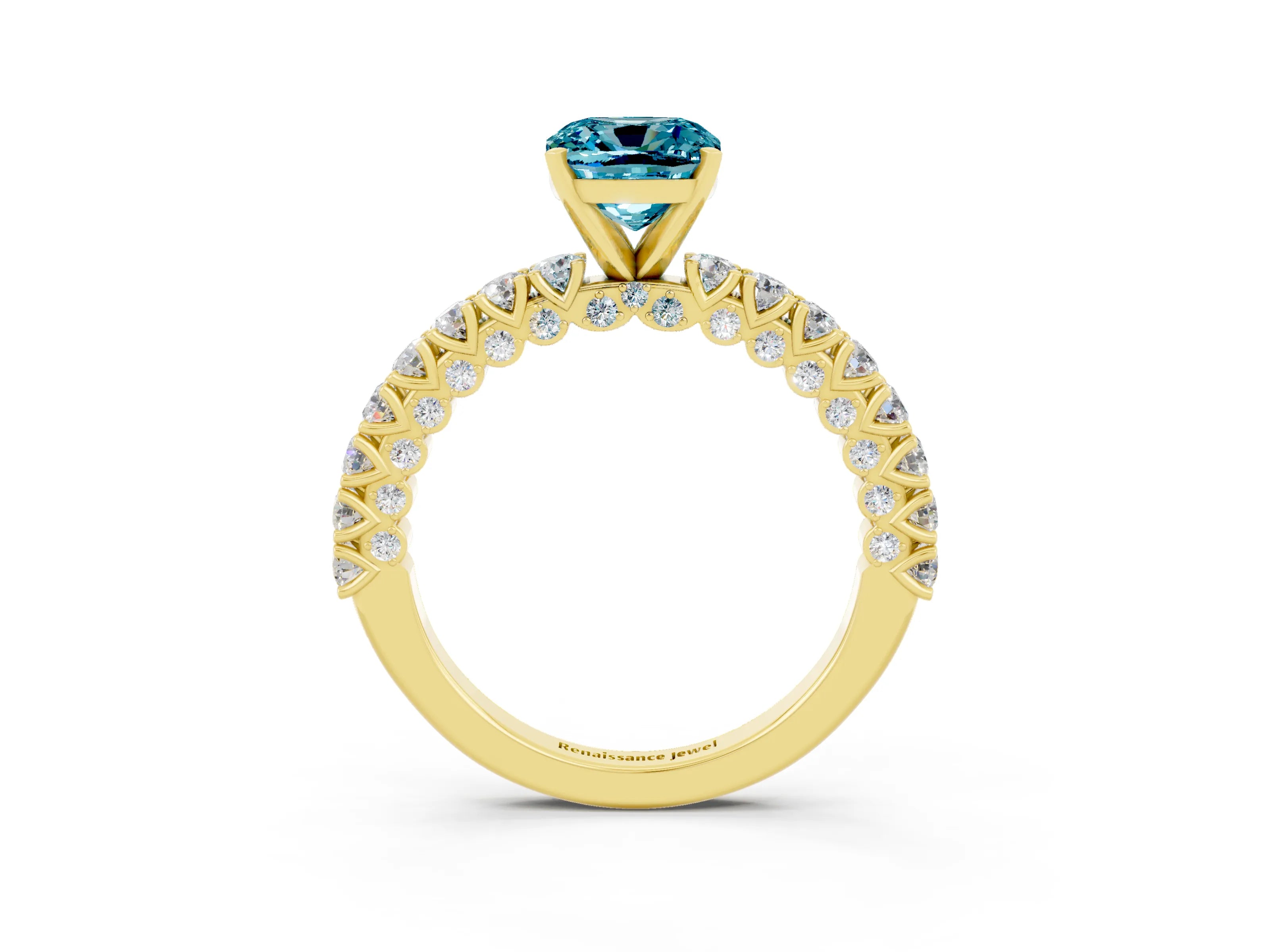Yellow gold Cushion Cut Diamond Pavé Band Solitaire Ring with Prong Setting_3