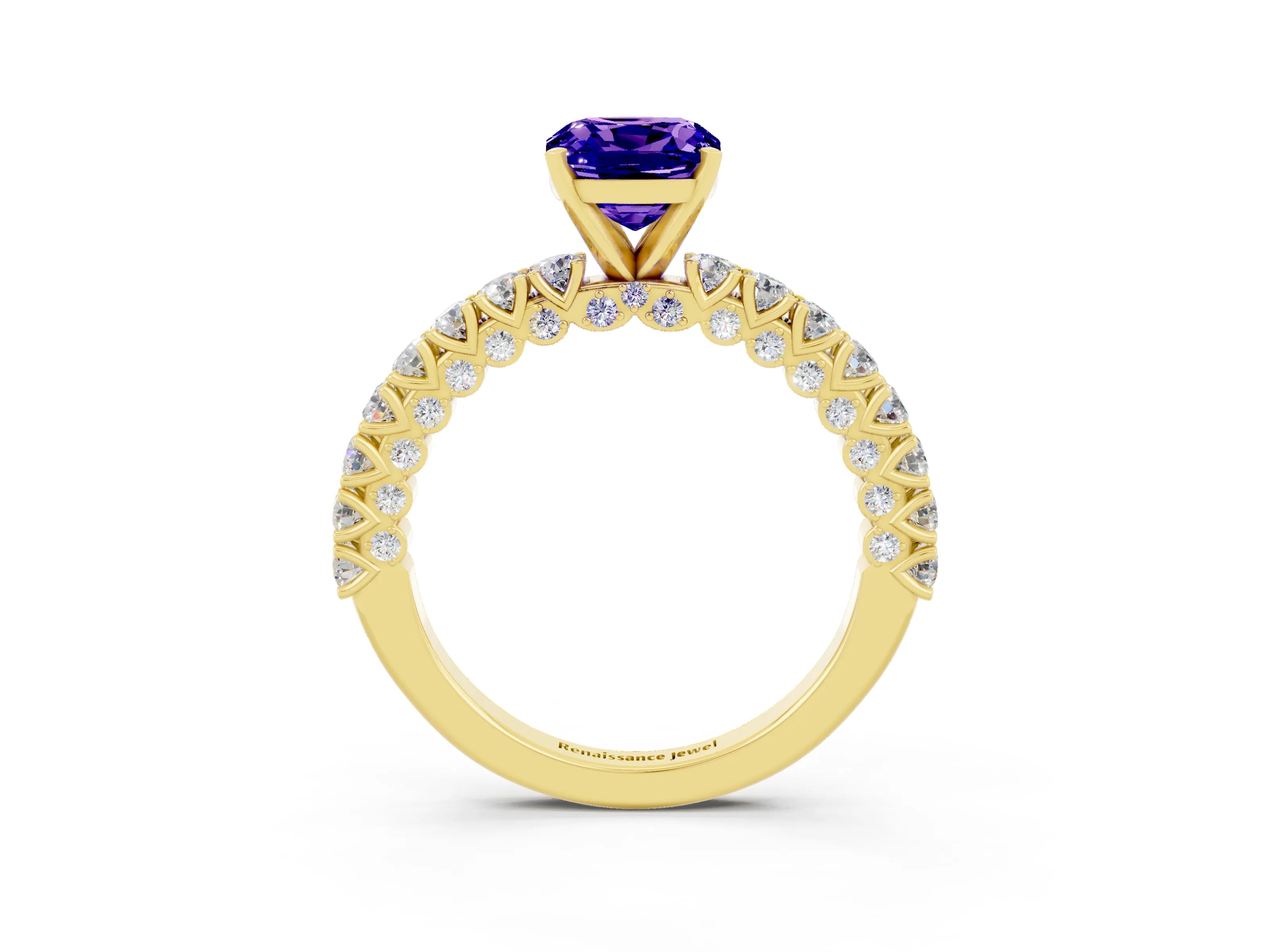 Yellow gold Cushion Cut Diamond Pavé Band Solitaire Ring with Prong Setting_3