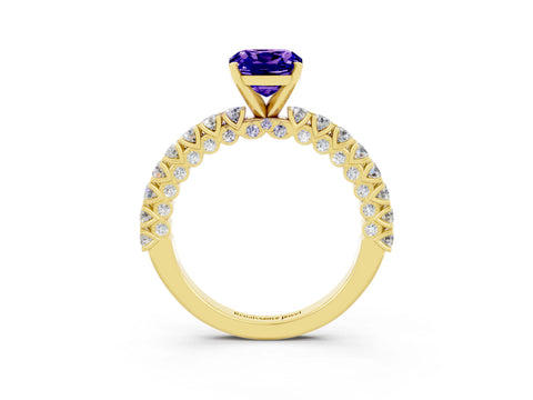 Yellow gold Cushion Cut Diamond Pavé Band Solitaire Ring with Prong Setting_3