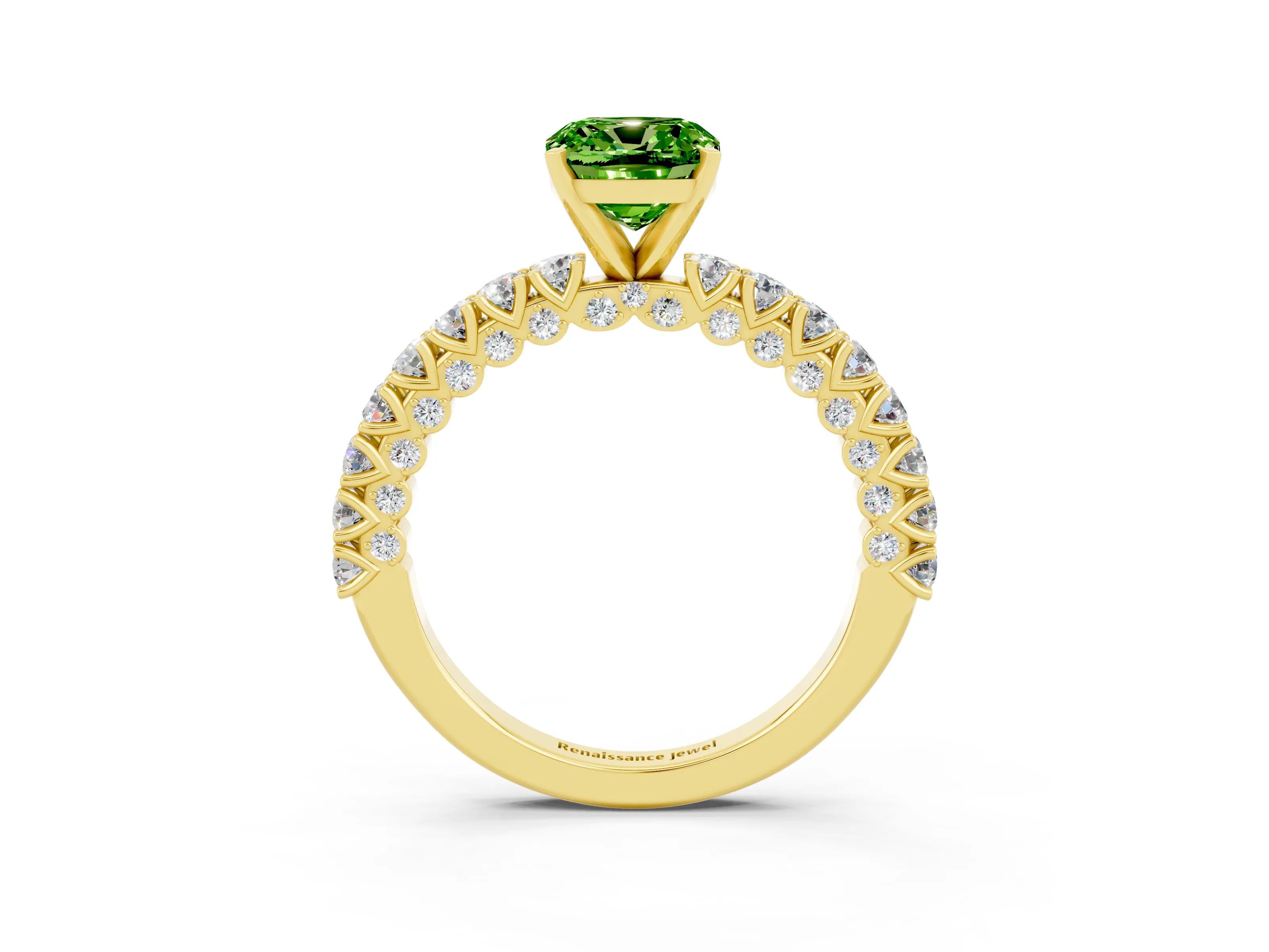 Yellow gold Cushion Cut Diamond Pavé Band Solitaire Ring with Prong Setting_3
